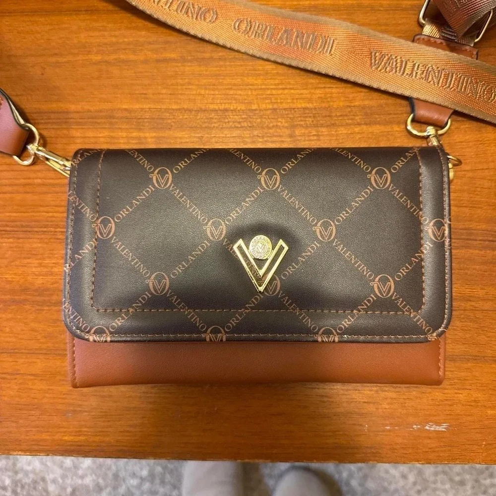 Valentino Orlandi cognac brown quilted logo flap crossbody